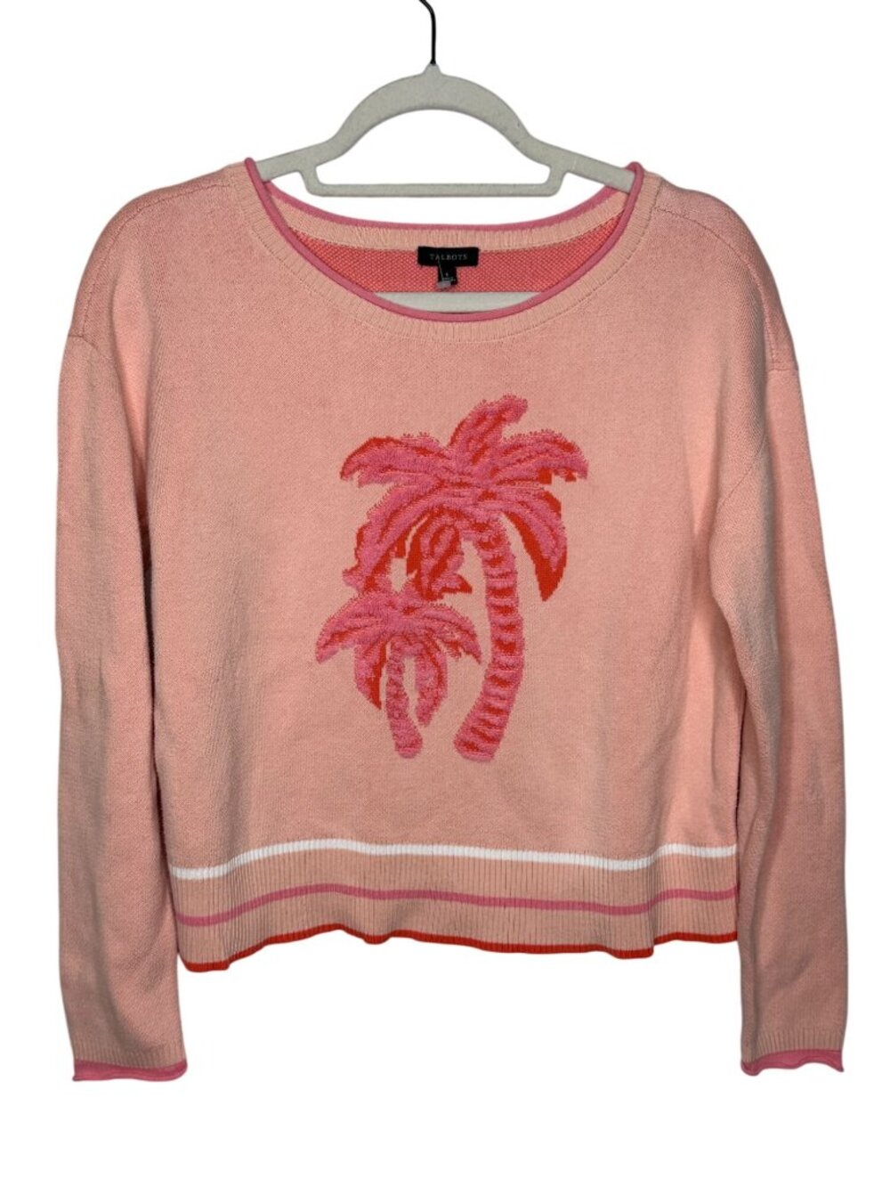 Talbots Pink Palm Tree 100% Cotton Sweater Size Small Coastal Resort